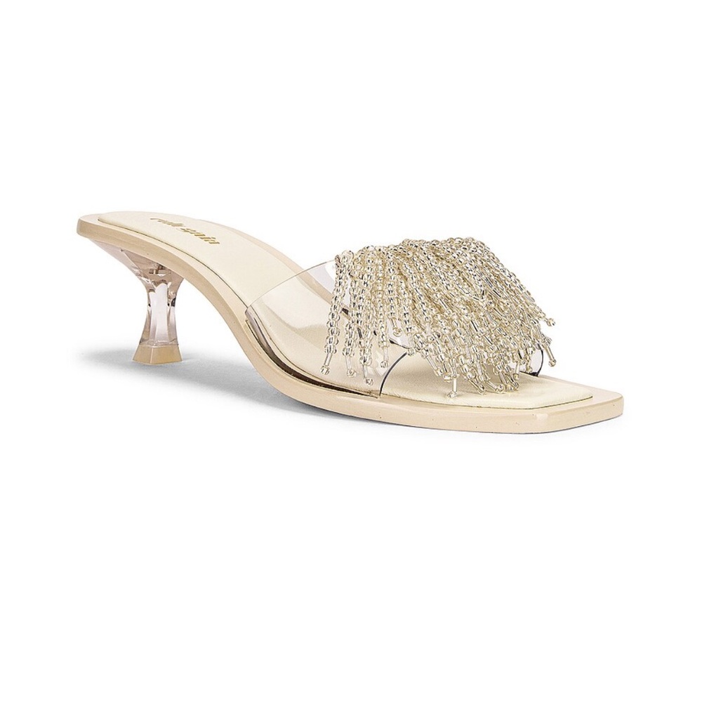 cult gaia Gold Fringe Clear Strap Kitten Heel Sandal